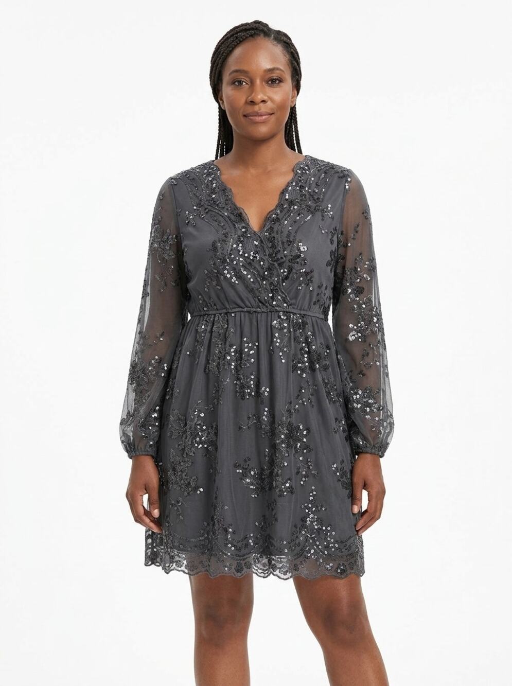 JJ's House Gray Sequin Floral Mesh V-Neck Long Sleeve Dress Women Size XL